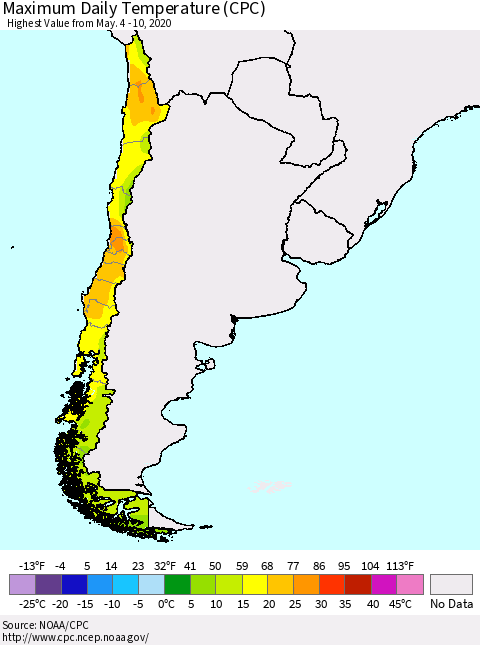Chile Extreme Maximum Temperature (CPC) Thematic Map For 5/4/2020 - 5/10/2020