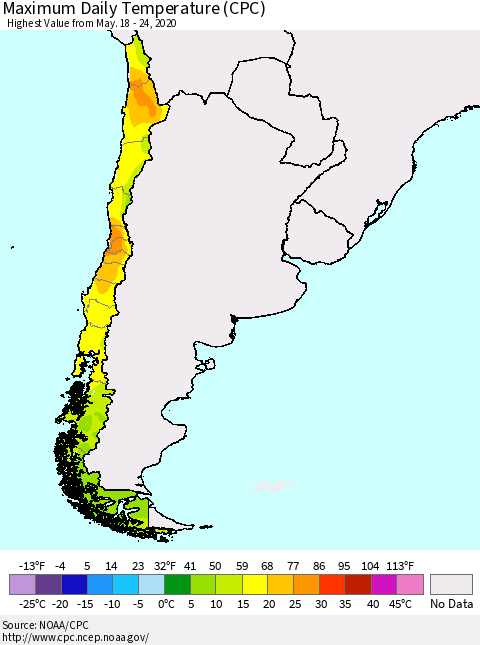 Chile Extreme Maximum Temperature (CPC) Thematic Map For 5/18/2020 - 5/24/2020