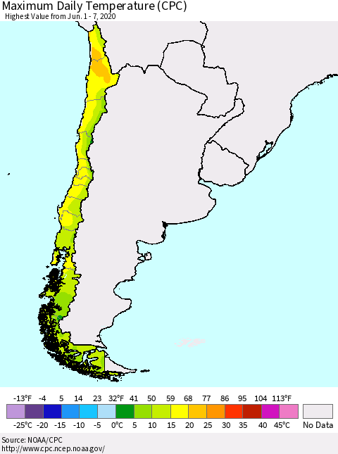 Chile Extreme Maximum Temperature (CPC) Thematic Map For 6/1/2020 - 6/7/2020