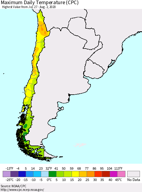 Chile Extreme Maximum Temperature (CPC) Thematic Map For 7/27/2020 - 8/2/2020