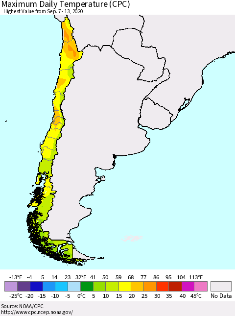 Chile Extreme Maximum Temperature (CPC) Thematic Map For 9/7/2020 - 9/13/2020