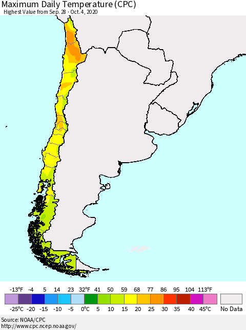 Chile Extreme Maximum Temperature (CPC) Thematic Map For 9/28/2020 - 10/4/2020