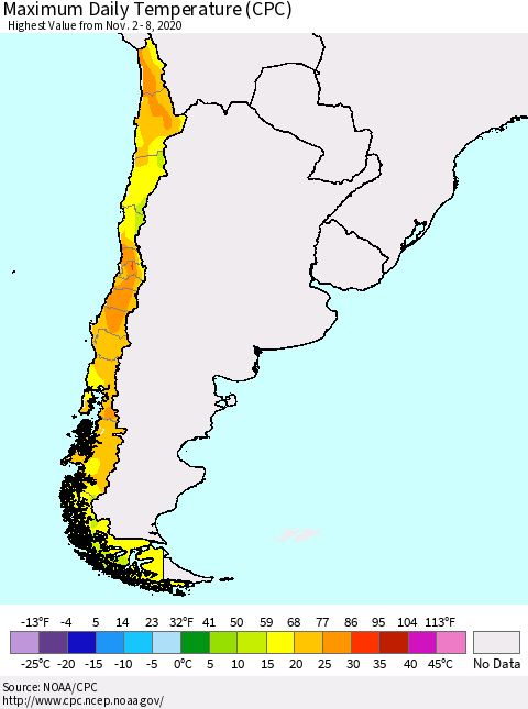 Chile Extreme Maximum Temperature (CPC) Thematic Map For 11/2/2020 - 11/8/2020