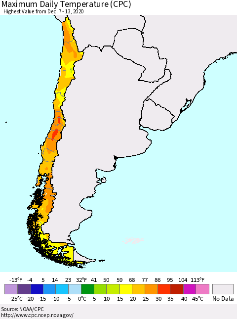 Chile Extreme Maximum Temperature (CPC) Thematic Map For 12/7/2020 - 12/13/2020