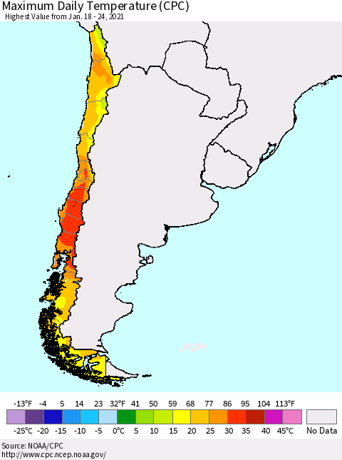 Chile Extreme Maximum Temperature (CPC) Thematic Map For 1/18/2021 - 1/24/2021