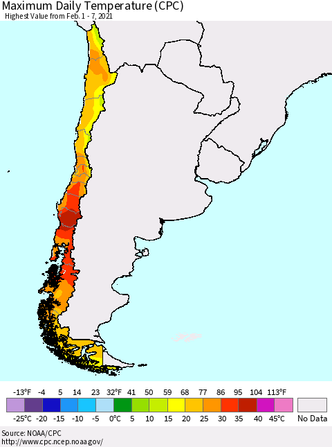 Chile Extreme Maximum Temperature (CPC) Thematic Map For 2/1/2021 - 2/7/2021