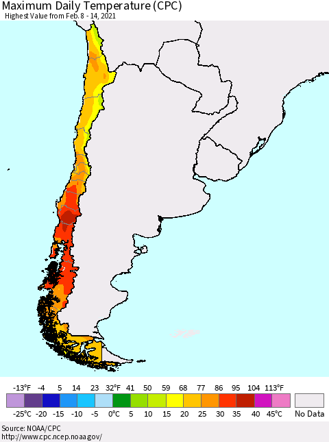 Chile Extreme Maximum Temperature (CPC) Thematic Map For 2/8/2021 - 2/14/2021