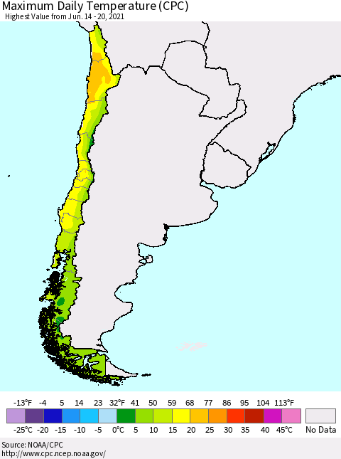 Chile Extreme Maximum Temperature (CPC) Thematic Map For 6/14/2021 - 6/20/2021