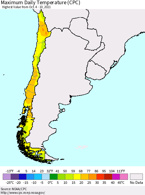 Chile Extreme Maximum Temperature (CPC) Thematic Map For 10/4/2021 - 10/10/2021