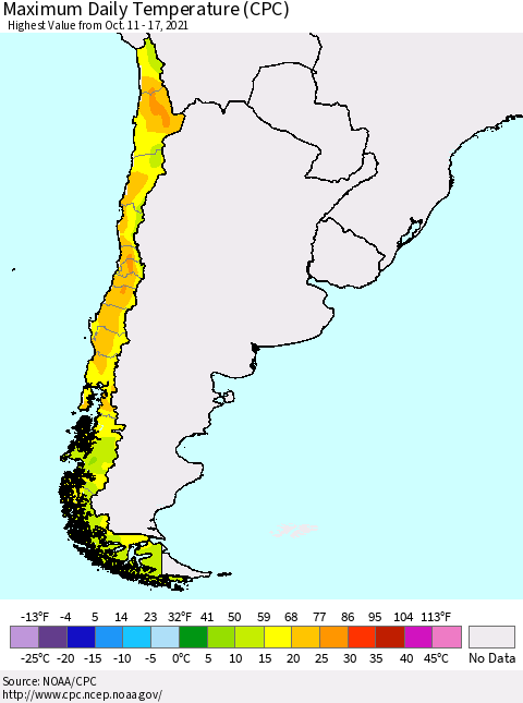 Chile Extreme Maximum Temperature (CPC) Thematic Map For 10/11/2021 - 10/17/2021