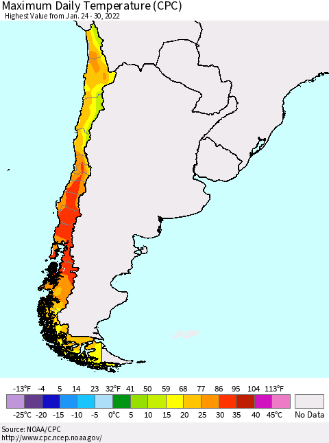 Chile Extreme Maximum Temperature (CPC) Thematic Map For 1/24/2022 - 1/30/2022