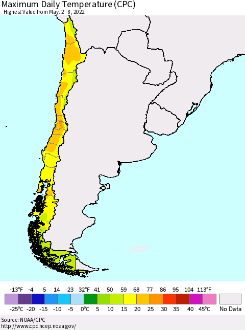 Chile Extreme Maximum Temperature (CPC) Thematic Map For 5/2/2022 - 5/8/2022