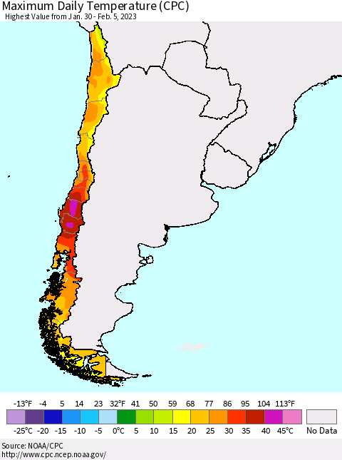 Chile Maximum Daily Temperature (CPC) Thematic Map For 1/30/2023 - 2/5/2023