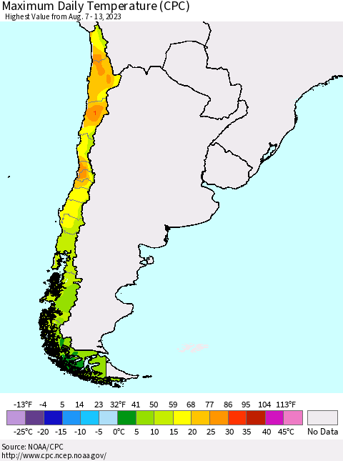 Chile Maximum Daily Temperature (CPC) Thematic Map For 8/7/2023 - 8/13/2023