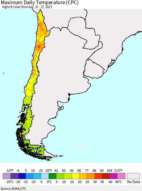 Chile Maximum Daily Temperature (CPC) Thematic Map For 8/21/2023 - 8/27/2023