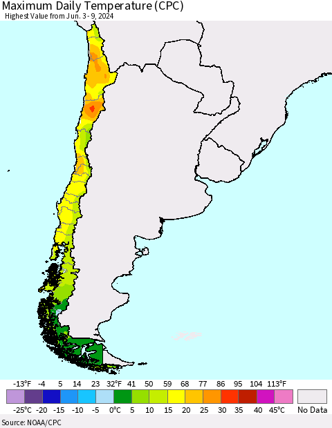Chile Maximum Daily Temperature (CPC) Thematic Map For 6/3/2024 - 6/9/2024
