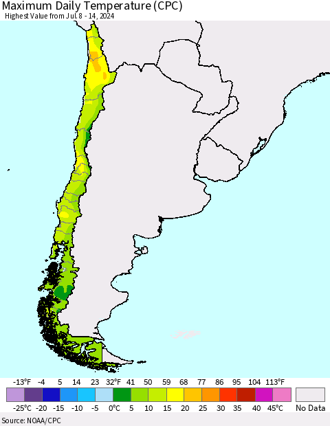 Chile Maximum Daily Temperature (CPC) Thematic Map For 7/8/2024 - 7/14/2024