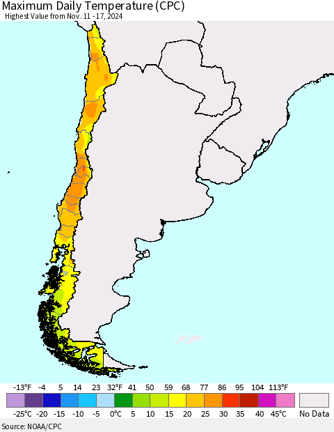 Chile Maximum Daily Temperature (CPC) Thematic Map For 11/11/2024 - 11/17/2024