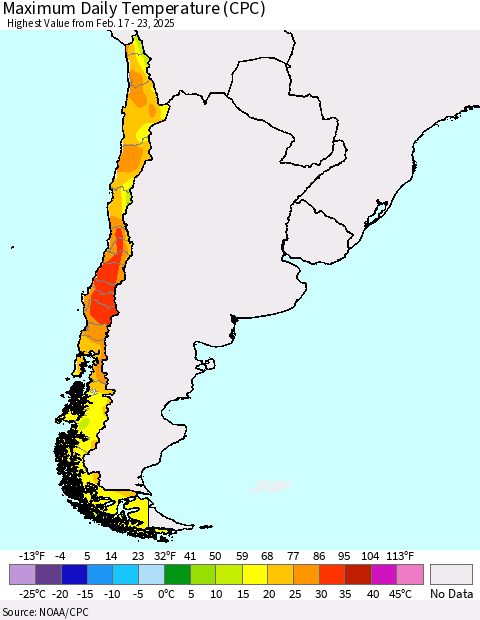 Chile Maximum Daily Temperature (CPC) Thematic Map For 2/17/2025 - 2/23/2025
