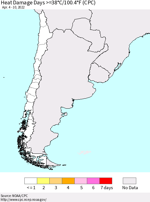 Chile Heat Damage Days >=38°C/100°F (CPC) Thematic Map For 4/4/2022 - 4/10/2022