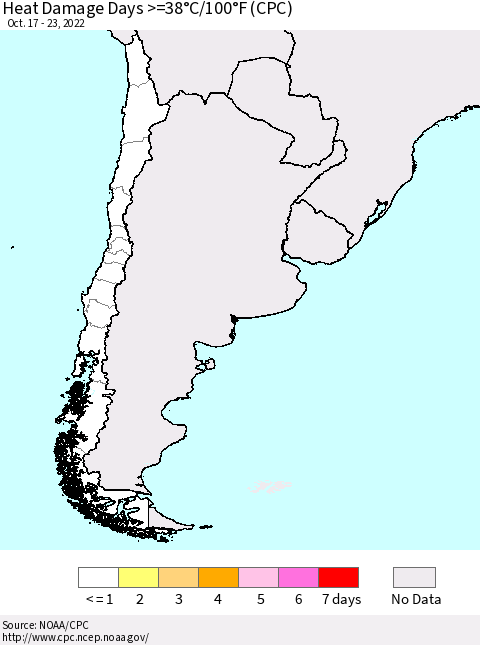 Chile Heat Damage Days >=38°C/100°F (CPC) Thematic Map For 10/17/2022 - 10/23/2022