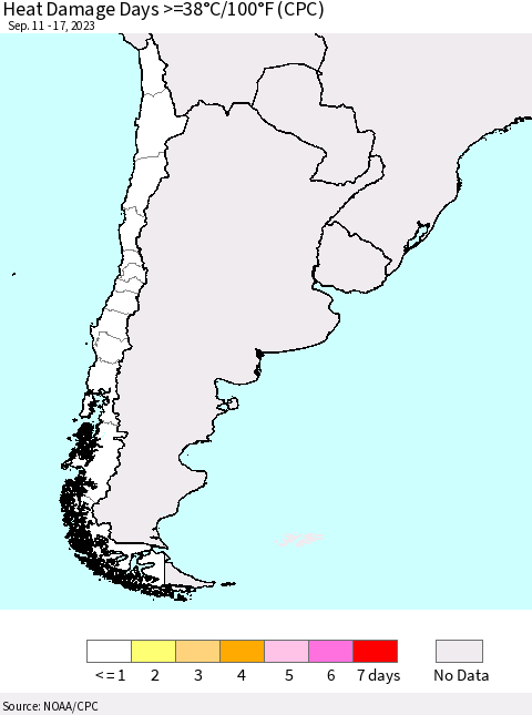 Chile Heat Damage Days >=38°C/100°F (CPC) Thematic Map For 9/11/2023 - 9/17/2023