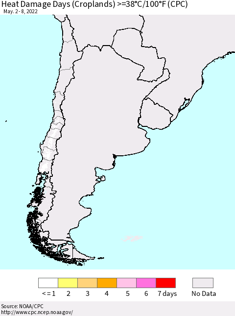 Chile Heat Damage Days (Croplands) >=38°C/100°F (CPC) Thematic Map For 5/2/2022 - 5/8/2022