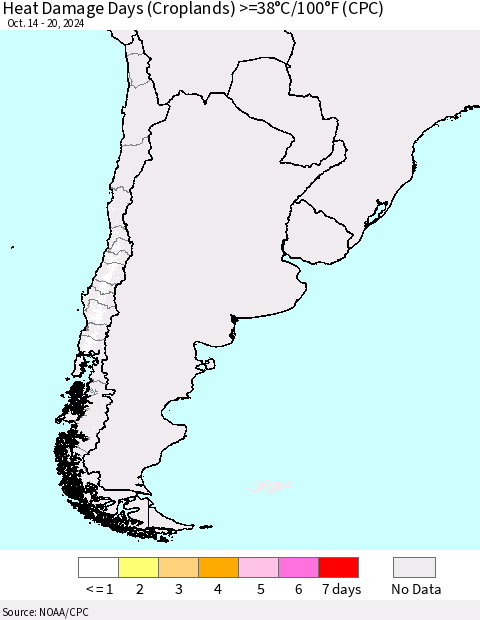 Chile Heat Damage Days (Croplands) >=38°C/100°F (CPC) Thematic Map For 10/14/2024 - 10/20/2024