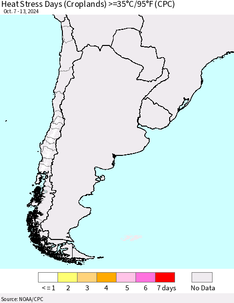 Chile Heat Stress Days (Croplands) >=35°C/95°F (CPC) Thematic Map For 10/7/2024 - 10/13/2024
