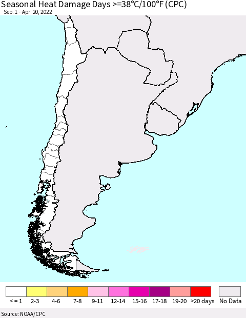 Chile Seasonal Heat Damage Days >=38°C/100°F (CPC) Thematic Map For 9/1/2021 - 4/20/2022