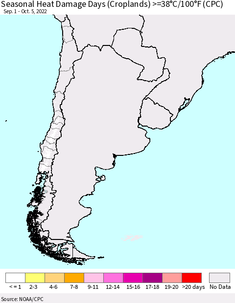 Chile Seasonal Heat Damage Days (Croplands) >=38°C/100°F (CPC) Thematic Map For 9/1/2022 - 10/5/2022
