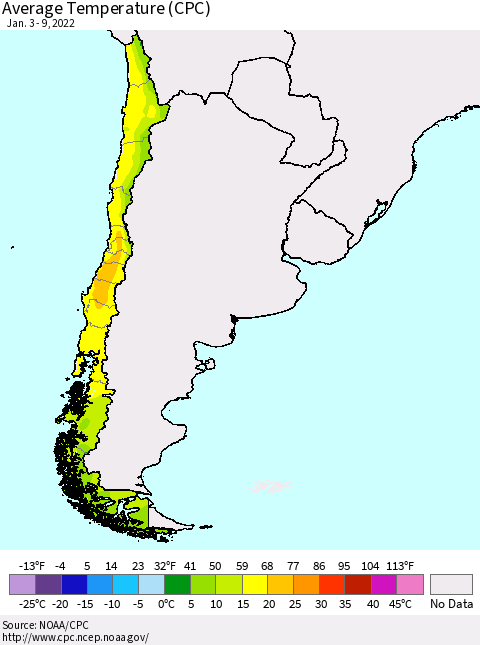 Chile Average Temperature (CPC) Thematic Map For 1/3/2022 - 1/9/2022