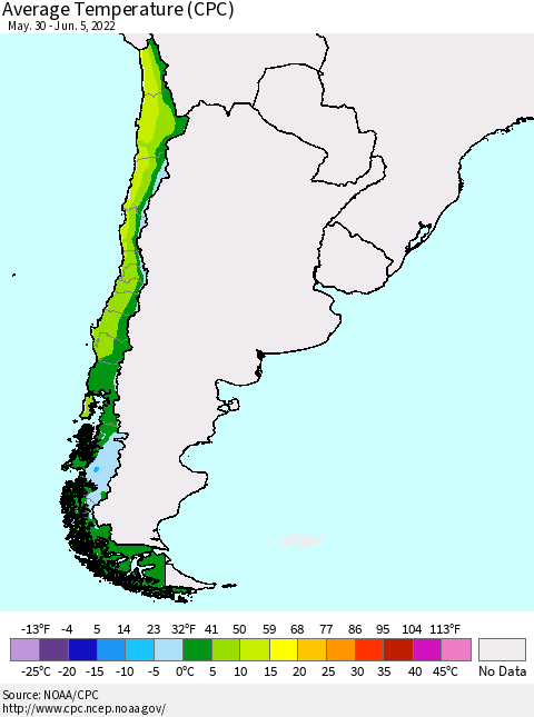 Chile Average Temperature (CPC) Thematic Map For 5/30/2022 - 6/5/2022