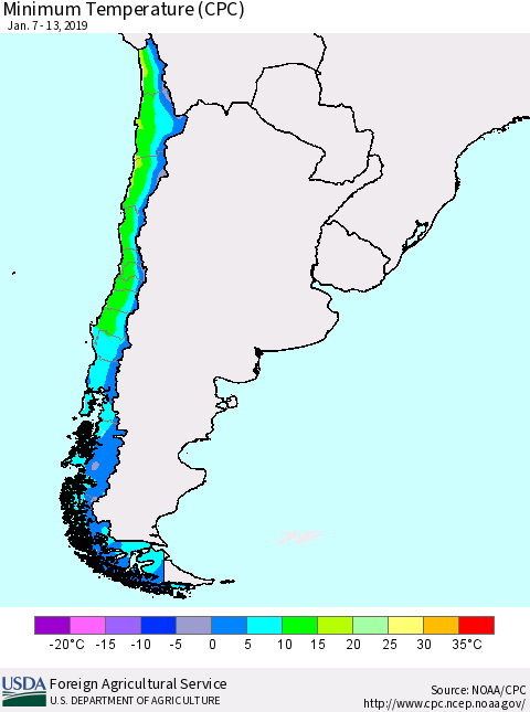 Chile Mean Minimum Temperature (CPC) Thematic Map For 1/7/2019 - 1/13/2019