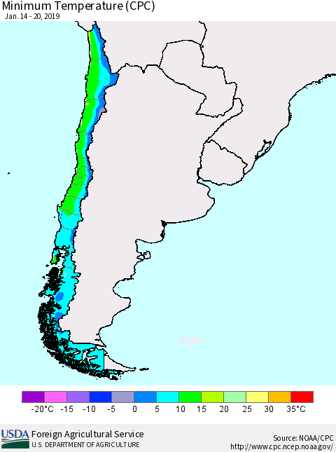 Chile Mean Minimum Temperature (CPC) Thematic Map For 1/14/2019 - 1/20/2019