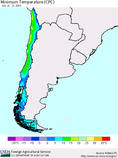 Chile Mean Minimum Temperature (CPC) Thematic Map For 1/21/2019 - 1/27/2019