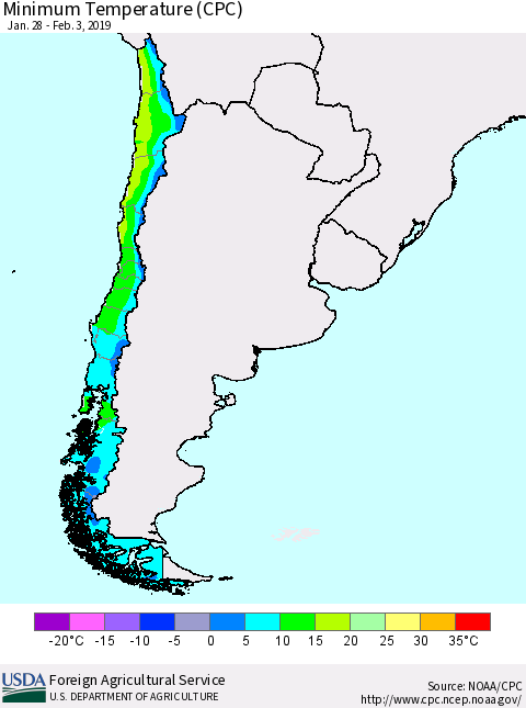 Chile Mean Minimum Temperature (CPC) Thematic Map For 1/28/2019 - 2/3/2019
