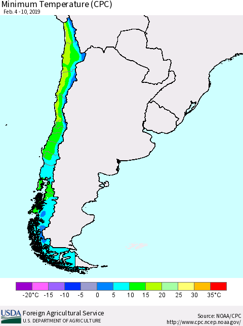 Chile Mean Minimum Temperature (CPC) Thematic Map For 2/4/2019 - 2/10/2019