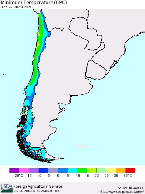 Chile Mean Minimum Temperature (CPC) Thematic Map For 2/25/2019 - 3/3/2019