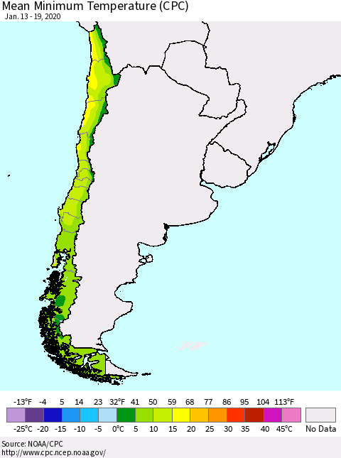 Chile Mean Minimum Temperature (CPC) Thematic Map For 1/13/2020 - 1/19/2020
