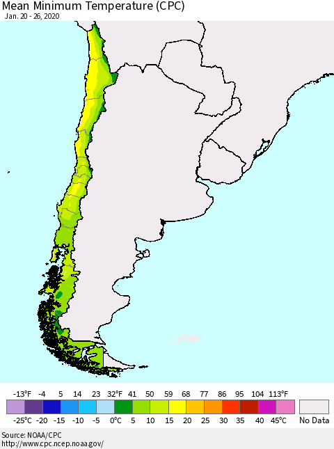 Chile Minimum Temperature (CPC) Thematic Map For 1/20/2020 - 1/26/2020