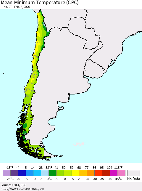 Chile Mean Minimum Temperature (CPC) Thematic Map For 1/27/2020 - 2/2/2020