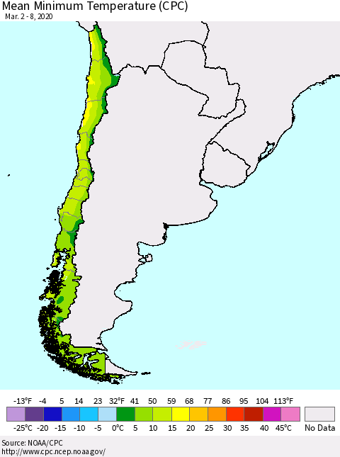 Chile Mean Minimum Temperature (CPC) Thematic Map For 3/2/2020 - 3/8/2020