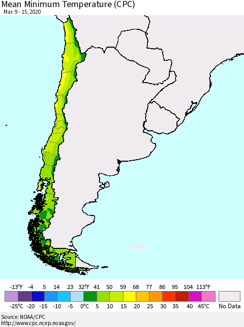 Chile Minimum Temperature (CPC) Thematic Map For 3/9/2020 - 3/15/2020