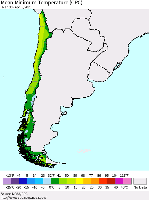 Chile Minimum Temperature (CPC) Thematic Map For 3/30/2020 - 4/5/2020
