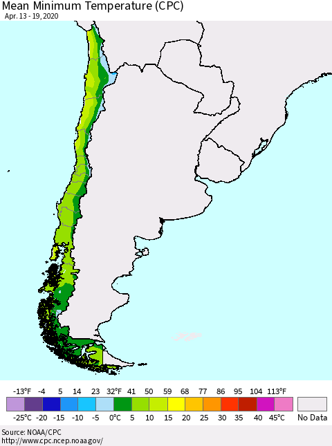 Chile Minimum Temperature (CPC) Thematic Map For 4/13/2020 - 4/19/2020