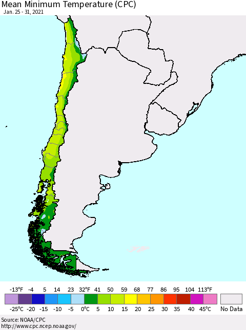 Chile Minimum Temperature (CPC) Thematic Map For 1/25/2021 - 1/31/2021