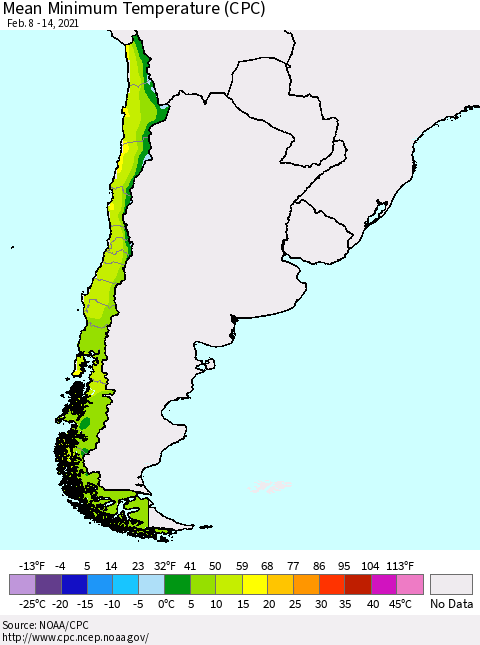 Chile Minimum Temperature (CPC) Thematic Map For 2/8/2021 - 2/14/2021