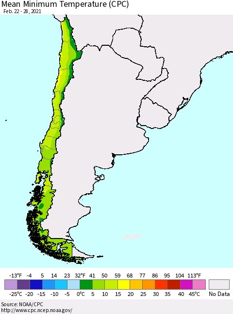 Chile Mean Minimum Temperature (CPC) Thematic Map For 2/22/2021 - 2/28/2021