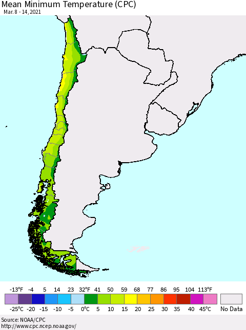 Chile Minimum Temperature (CPC) Thematic Map For 3/8/2021 - 3/14/2021